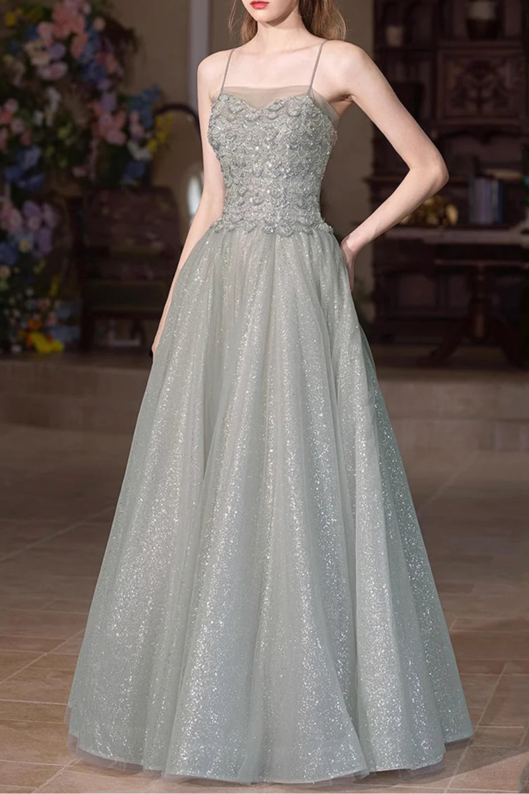 Beautiful Gray Green Tulle Sequins Spaghetti Straps Long Prom Dress A-Line Spaghetti Strap Party Dress