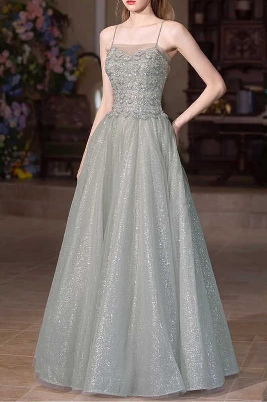 Beautiful Gray Green Tulle Sequins Spaghetti Straps Long Prom Dress A-Line Spaghetti Strap Party Dress