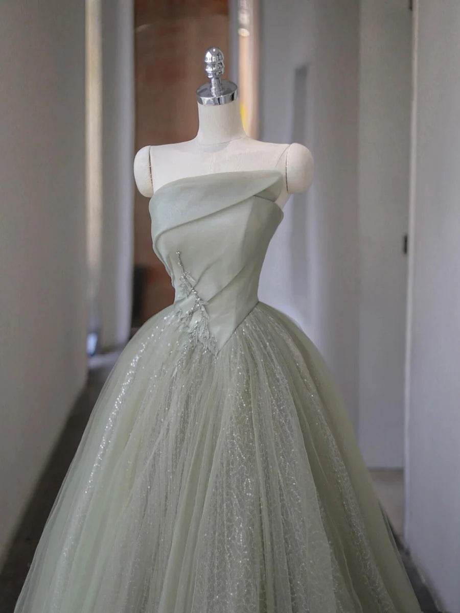 Beautiful Gray Green Tulle Sequins Strapless A-Line Long Prom Dress Evening Party Dress