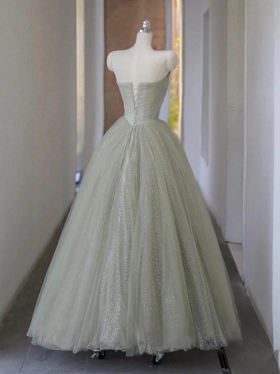 Beautiful Gray Green Tulle Sequins Strapless A-Line Long Prom Dress Evening Party Dress