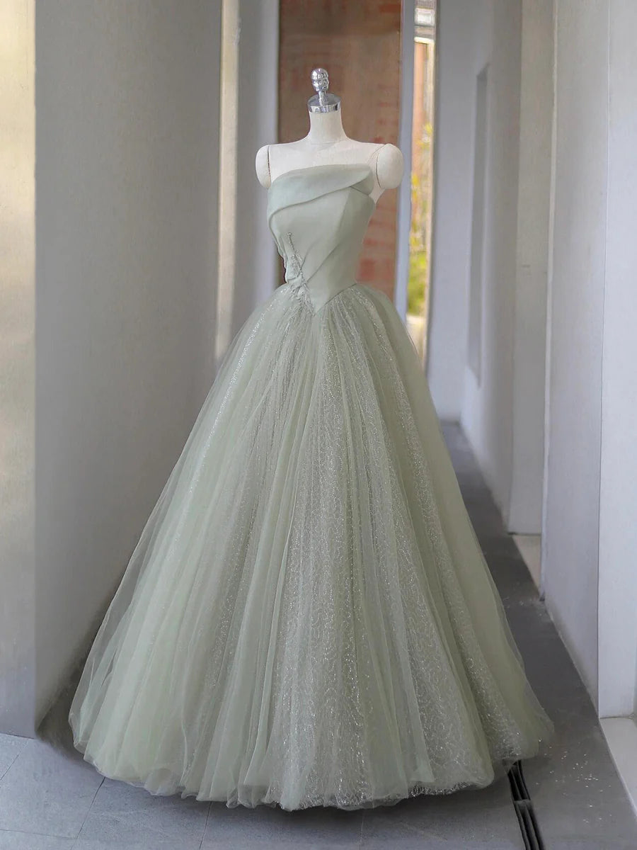 Beautiful Gray Green Tulle Sequins Strapless A-Line Long Prom Dress Evening Party Dress