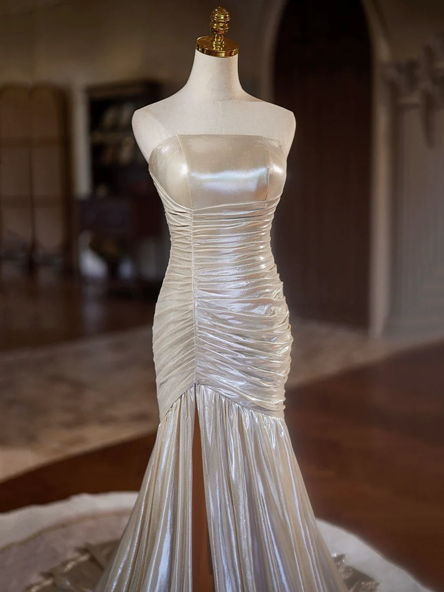 Beautiful Gray Mermaid Strapless Pleated Long Prom Dress Floor length Evening Party Dress