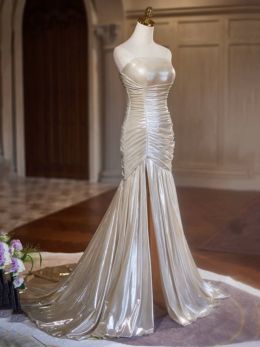 Beautiful Gray Mermaid Strapless Pleated Long Prom Dress Floor length Evening Party Dress