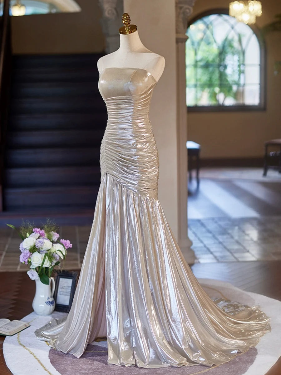 Beautiful Gray Mermaid Strapless Pleated Long Prom Dress Floor length Evening Party Dress