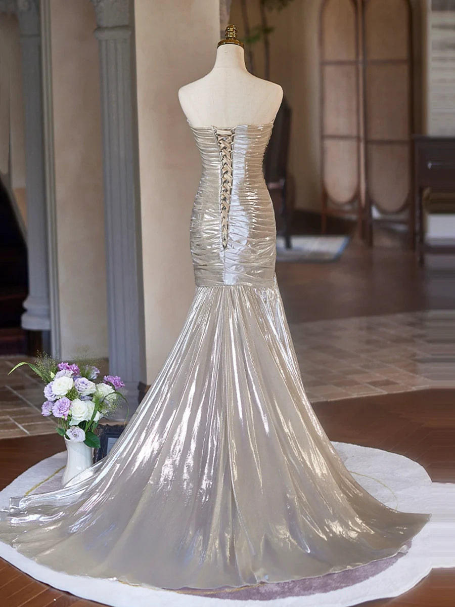 Beautiful Gray Mermaid Strapless Pleated Long Prom Dress Floor length Evening Party Dress