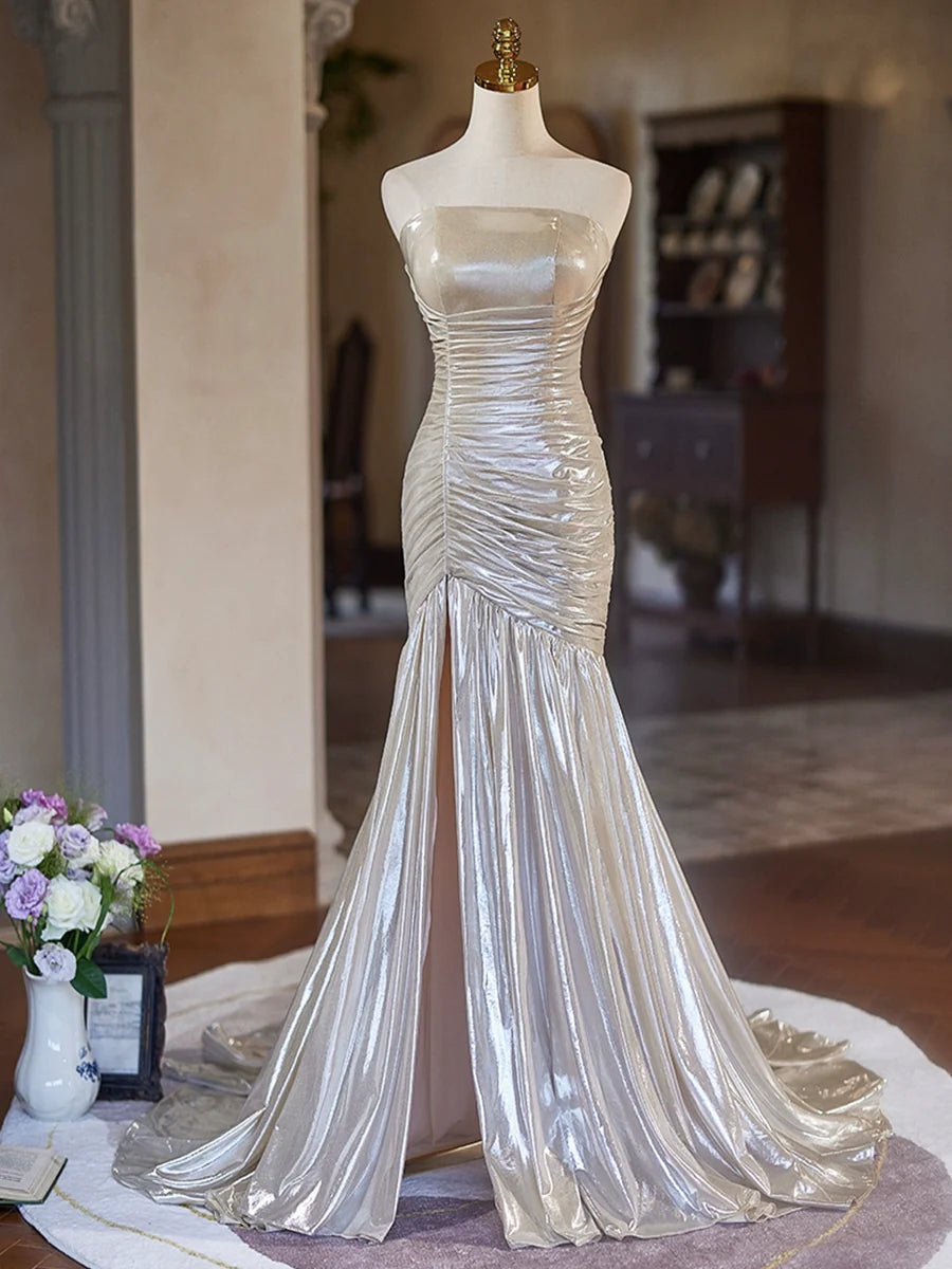 Beautiful Gray Mermaid Strapless Pleated Long Prom Dress Floor length Evening Party Dress