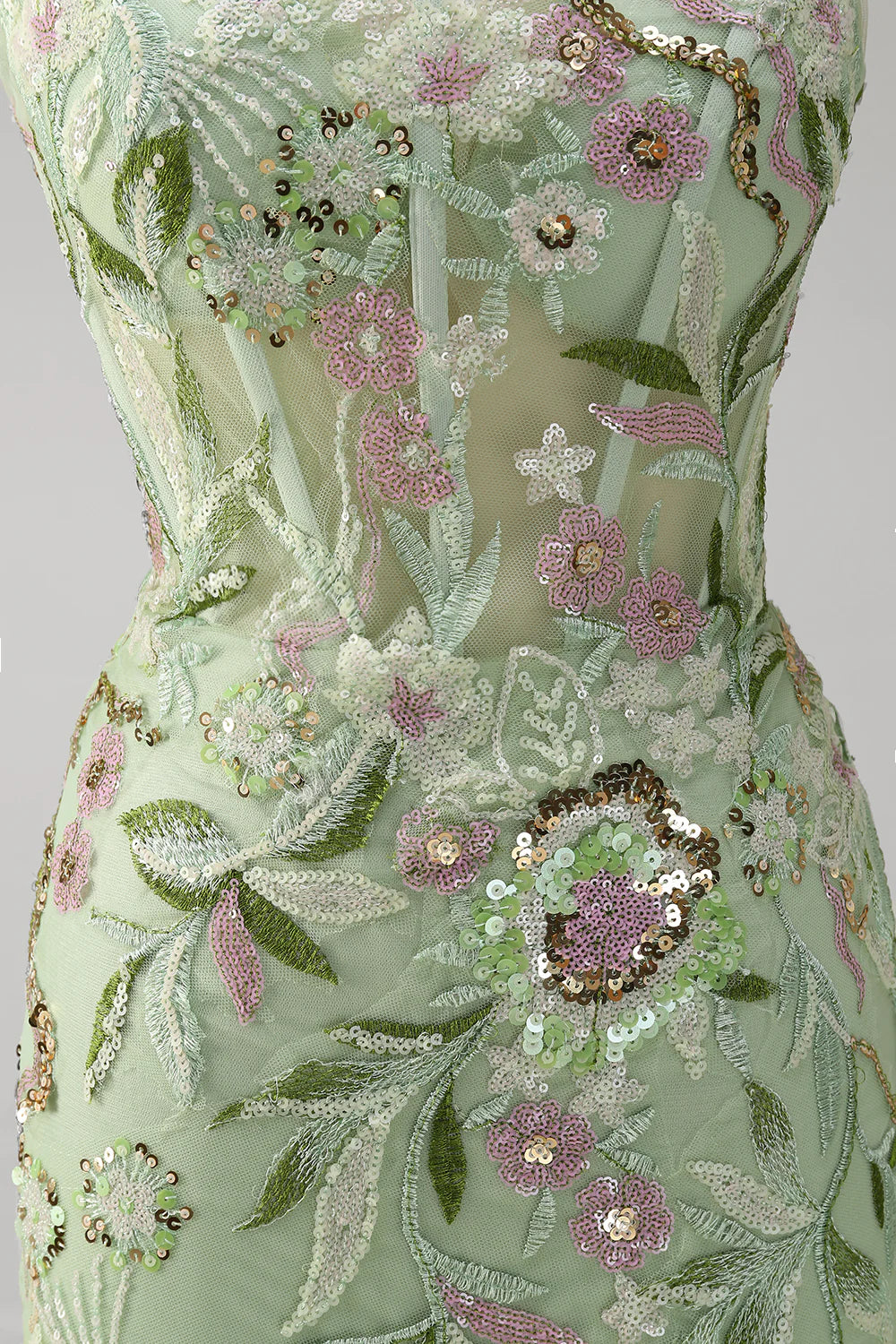 Beautiful Green Appliqued Sequins Spaghetti Straps Mermaid Corset Floor Length Prom Dress With Slit