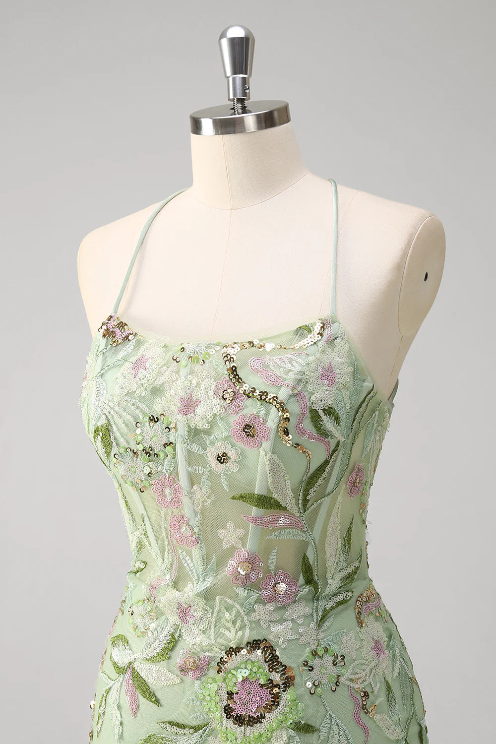 Beautiful Green Appliqued Sequins Spaghetti Straps Mermaid Corset Floor Length Prom Dress With Slit