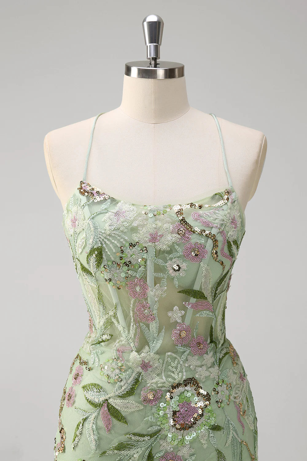 Beautiful Green Appliqued Sequins Spaghetti Straps Mermaid Corset Floor Length Prom Dress With Slit