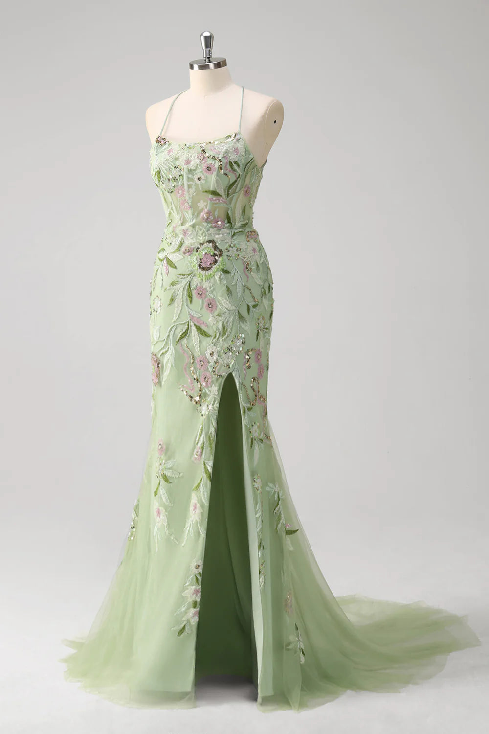 Beautiful Green Appliqued Sequins Spaghetti Straps Mermaid Corset Floor Length Prom Dress With Slit