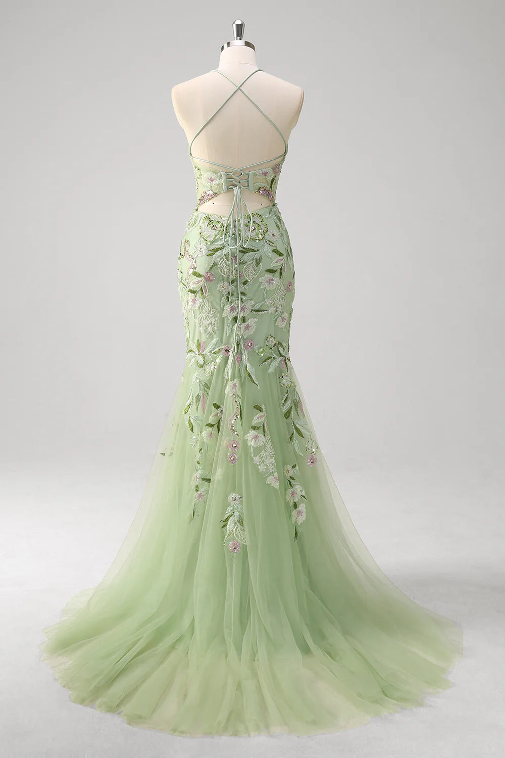 Beautiful Green Appliqued Sequins Spaghetti Straps Mermaid Corset Floor Length Prom Dress With Slit