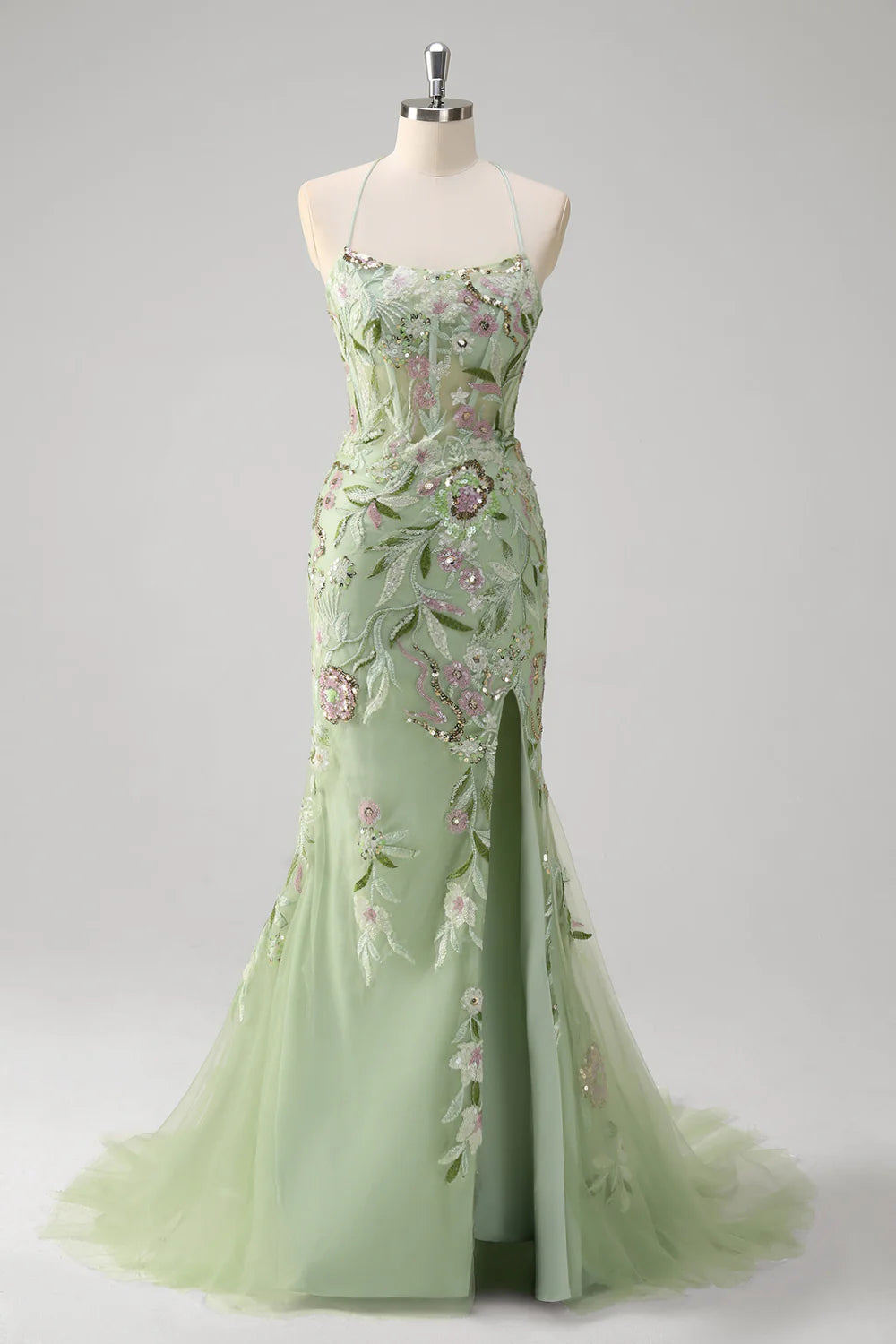 Beautiful Green Appliqued Sequins Spaghetti Straps Mermaid Corset Floor Length Prom Dress With Slit