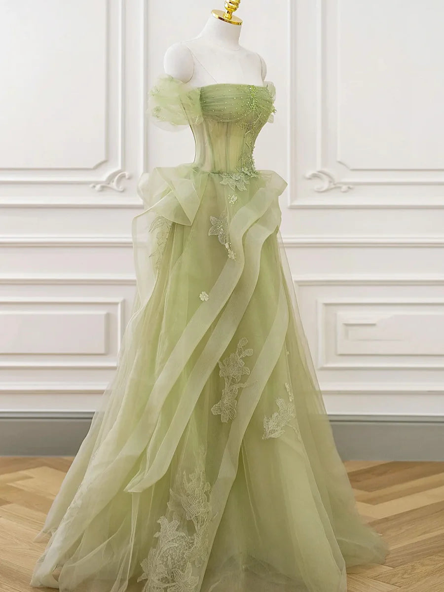 Beautiful Green Lace Tulle A-Line Floor Length Prom Dress Evening Party Dress