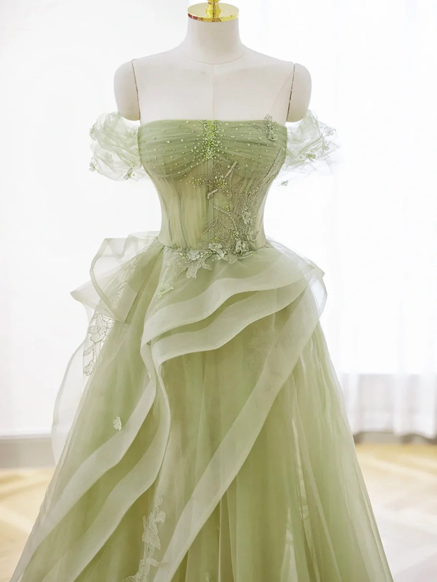 Beautiful Green Lace Tulle A-Line Floor Length Prom Dress Evening Party Dress