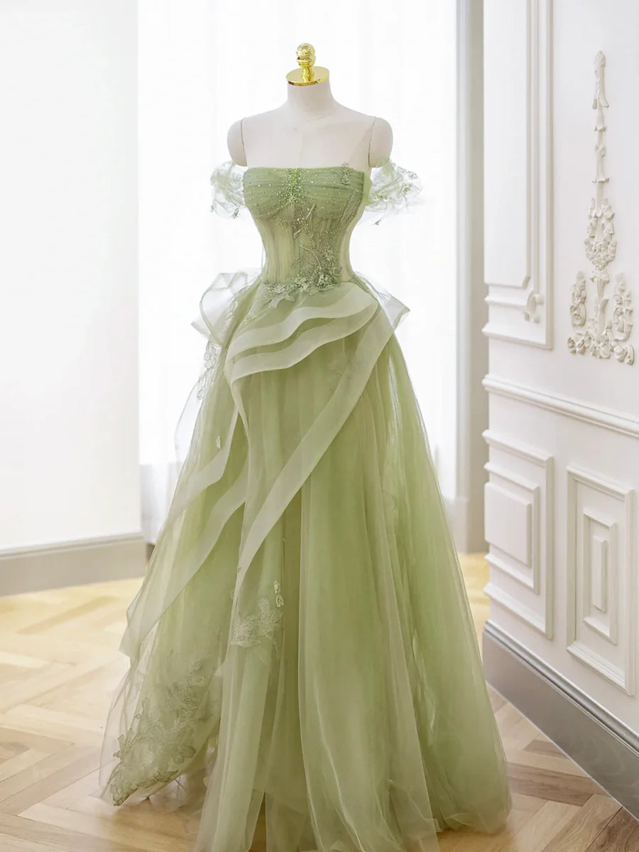 Beautiful Green Lace Tulle A-Line Floor Length Prom Dress Evening Party Dress