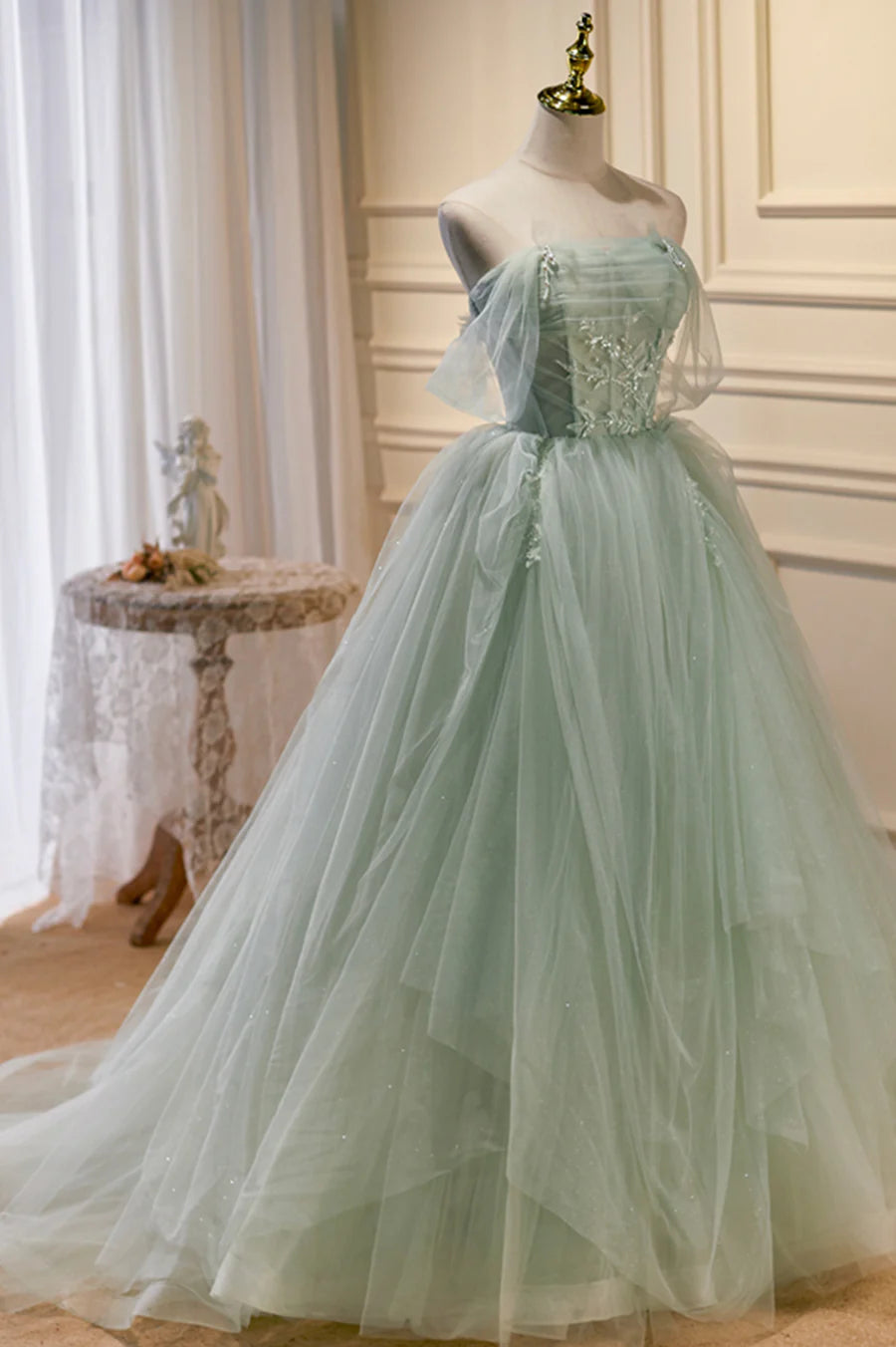 Beautiful Green Tulle Beaded Off Shoulder Ball Gown Party Dress
