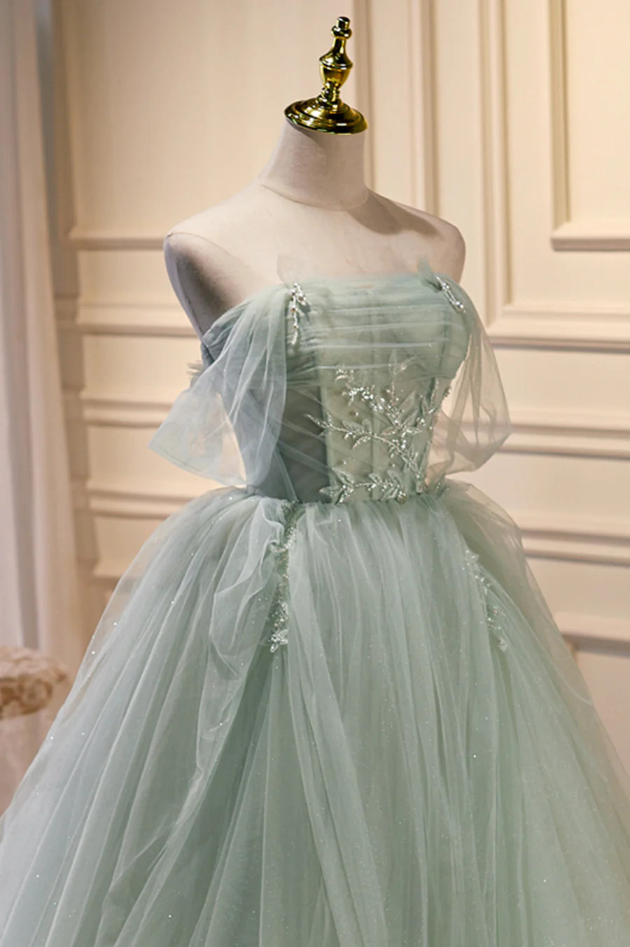 Beautiful Green Tulle Beaded Off Shoulder Ball Gown Party Dress