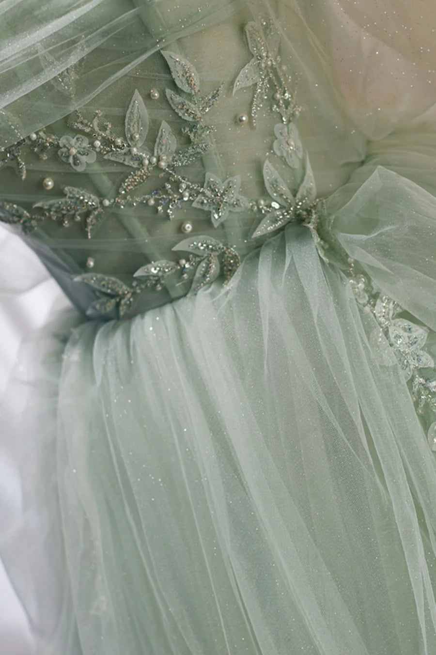 Beautiful Green Tulle Beaded Off Shoulder Ball Gown Party Dress