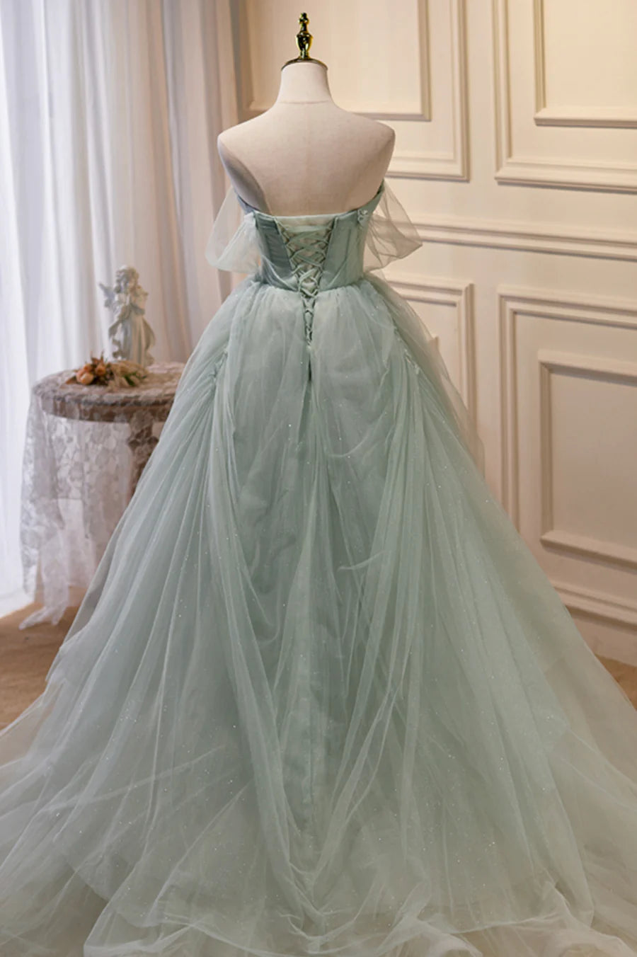 Beautiful Green Tulle Beaded Off Shoulder Ball Gown Party Dress