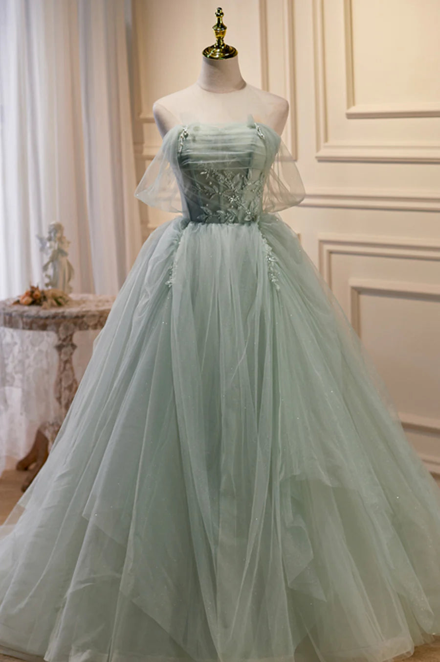 Beautiful Green Tulle Beaded Off Shoulder Ball Gown Party Dress