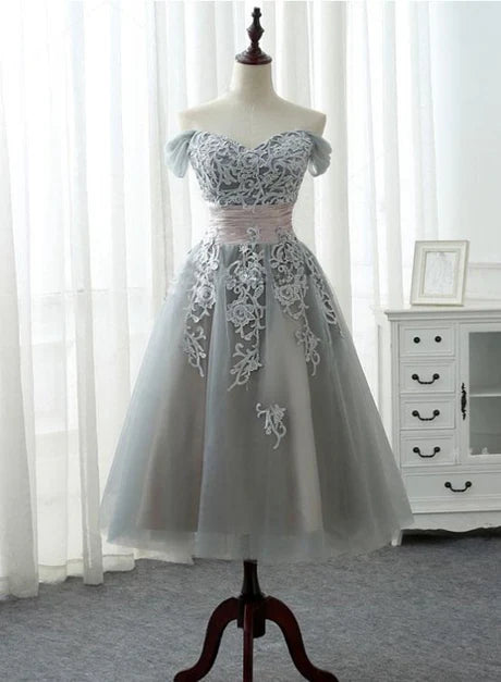 Beautiful Grey Lace With Applique Tea Length Formal Dress Bridesmaid Dress Homecoming Dress
