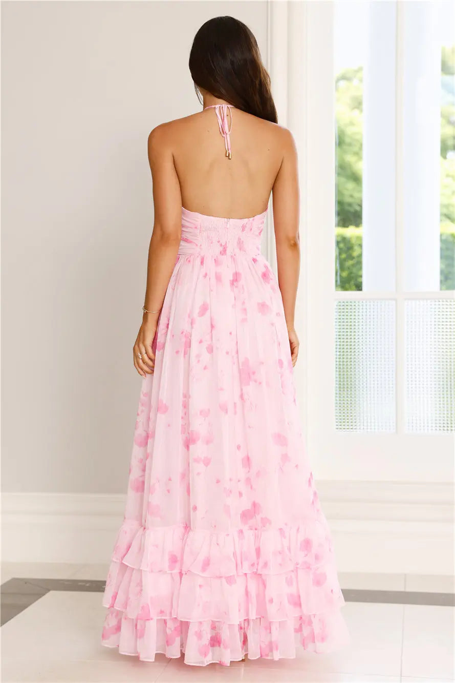 Beautiful Halter Tie Keyhole Cutout Open Back Floral Pink Maxi Prom Dress