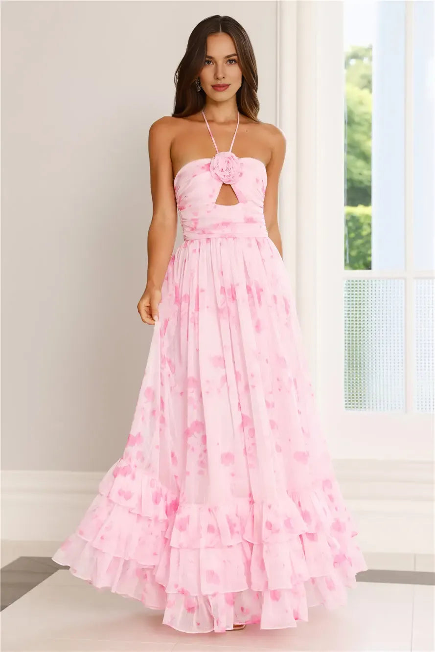 Beautiful Halter Tie Keyhole Cutout Open Back Floral Pink Maxi Prom Dress