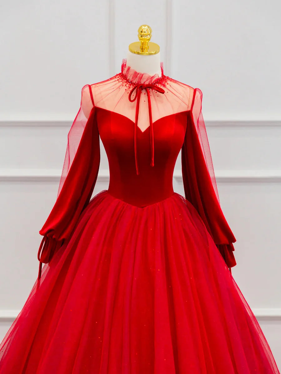 Beautiful High Neck Long Sleeve Beaded Velvet Tulle Red Floor Length Prom Dress