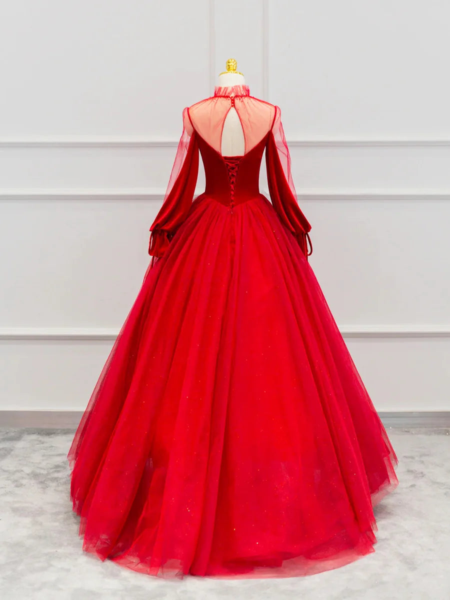 Beautiful High Neck Long Sleeve Beaded Velvet Tulle Red Floor Length Prom Dress