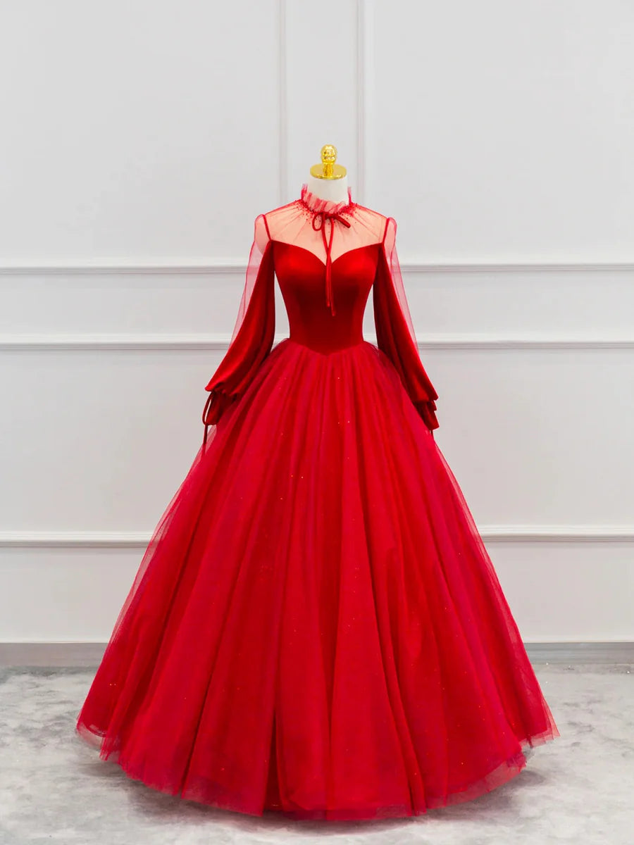 Beautiful High Neck Long Sleeve Beaded Velvet Tulle Red Floor Length Prom Dress