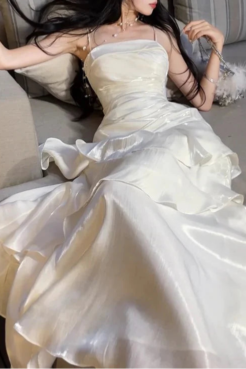 Beautiful Ivory Ruffled Zipper Back Mermaid Spaghetti Straps Long Party Dresses Prom Dress