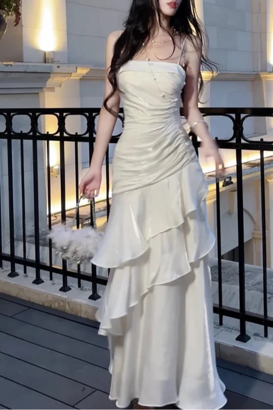 Beautiful Ivory Ruffled Zipper Back Mermaid Spaghetti Straps Long Party Dresses Prom Dress