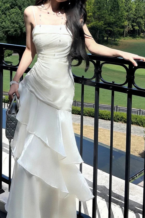 Beautiful Ivory Ruffled Zipper Back Mermaid Spaghetti Straps Long Party Dresses Prom Dress