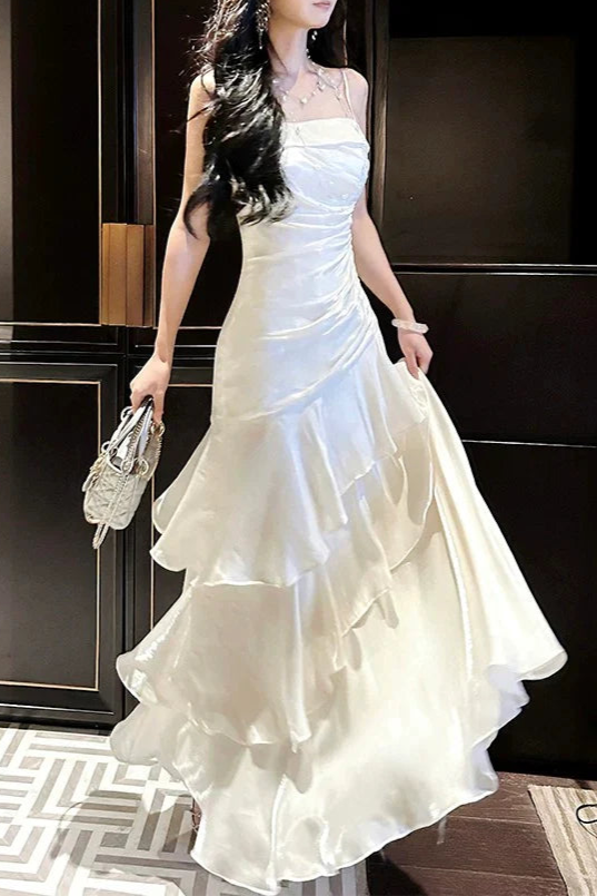 Beautiful Ivory Ruffled Zipper Back Mermaid Spaghetti Straps Long Party Dresses Prom Dress