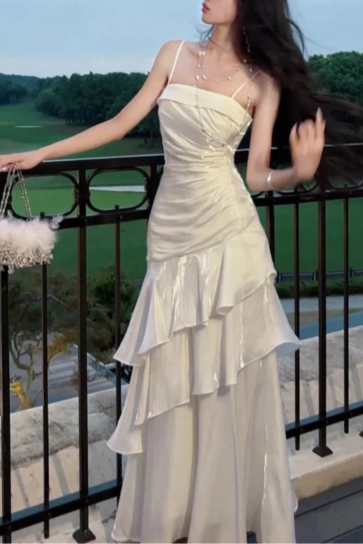 Beautiful Ivory Ruffled Zipper Back Mermaid Spaghetti Straps Long Party Dresses Prom Dress