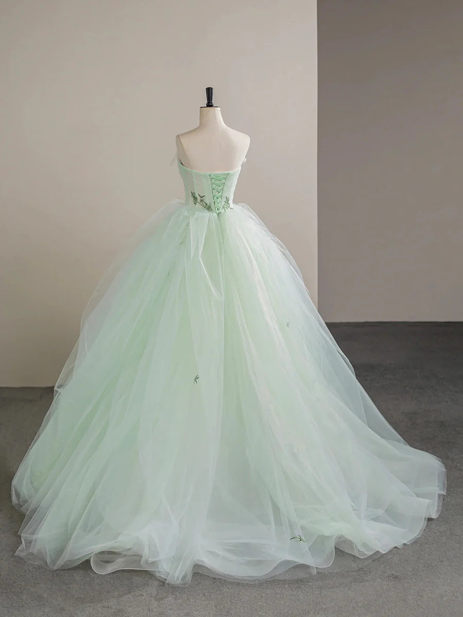 Beautiful Light Green Tulle Strapless A-Line Floor Length Prom Dress Wedding Dress