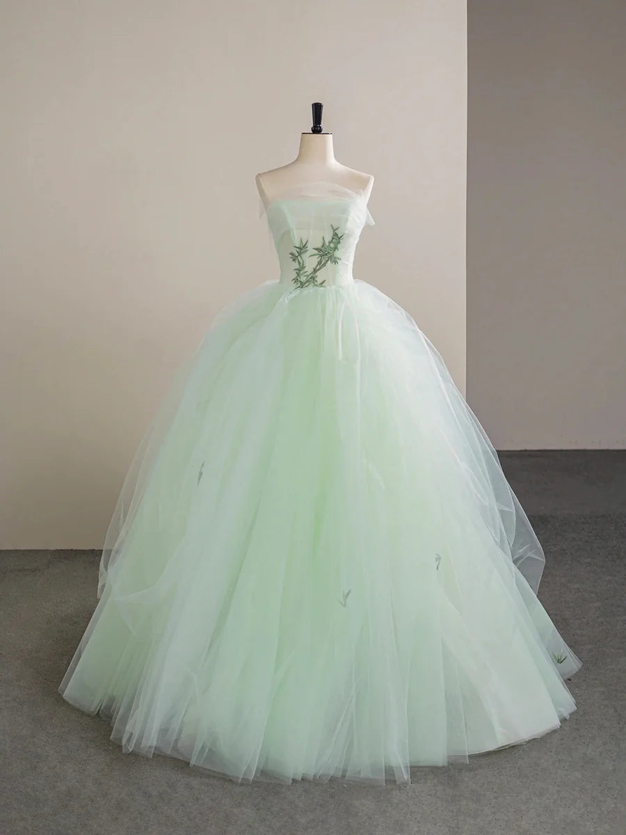 Beautiful Light Green Tulle Strapless A-Line Floor Length Prom Dress Wedding Dress