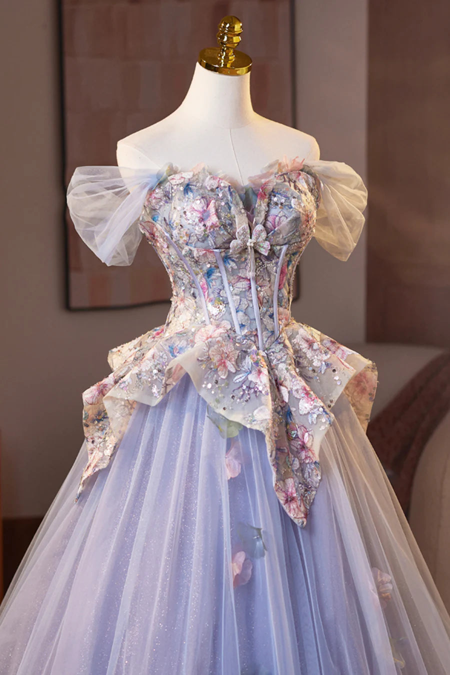 Beautiful Light Purple Tulle Floral Sweetheart Neck A-Line Long Prom Dress Evening Party Dress