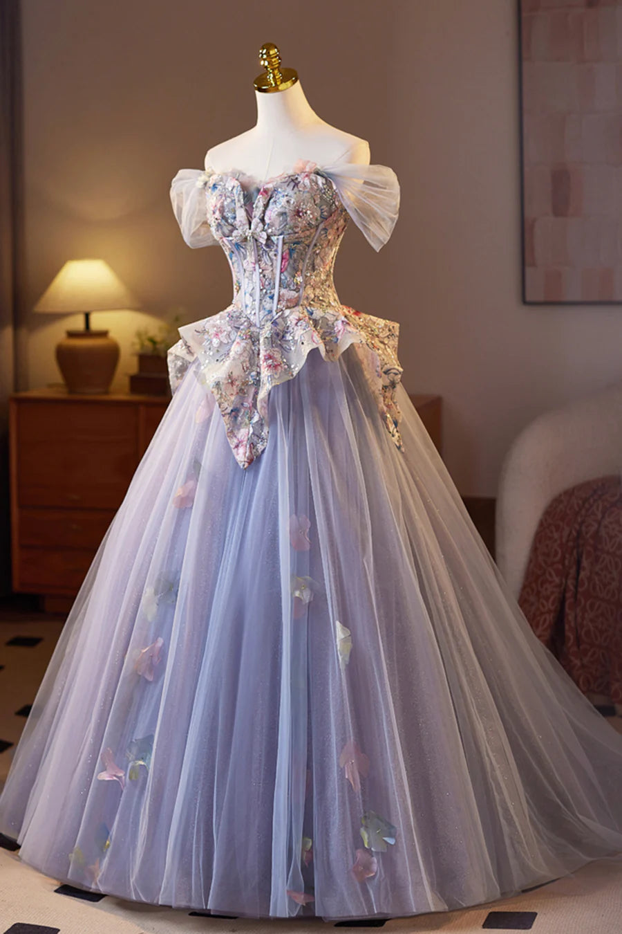 Beautiful Light Purple Tulle Floral Sweetheart Neck A-Line Long Prom Dress Evening Party Dress