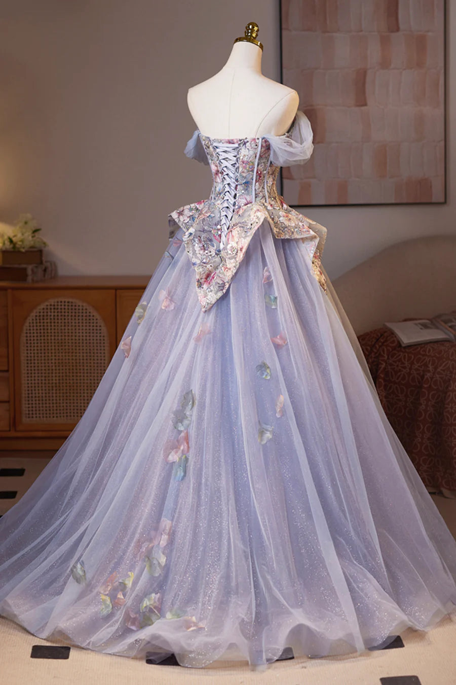 Beautiful Light Purple Tulle Floral Sweetheart Neck A-Line Long Prom Dress Evening Party Dress