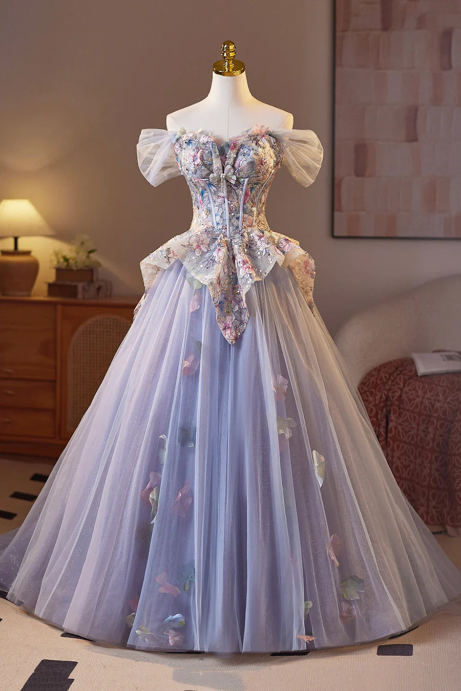 Beautiful Light Purple Tulle Floral Sweetheart Neck A-Line Long Prom Dress Evening Party Dress