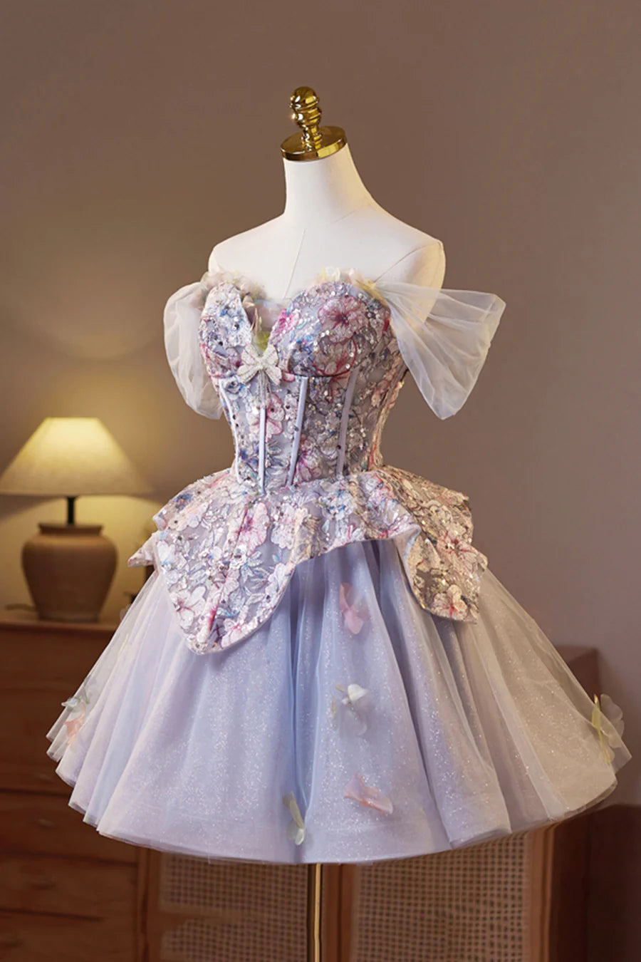 Beautiful Light Purple Tulle Floral Sweetheart Neck A-Line Short Prom Dress Evening Party Dress