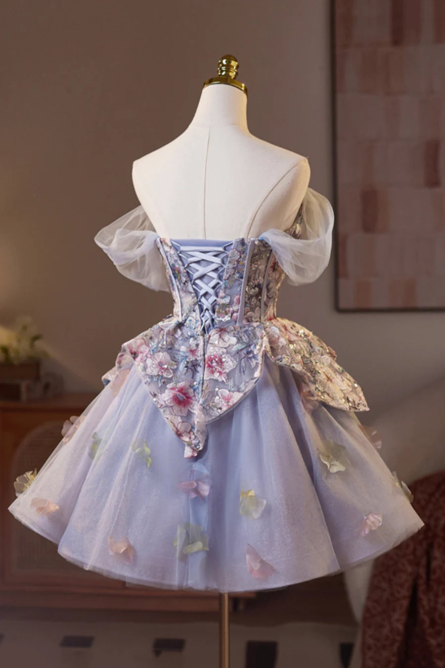 Beautiful Light Purple Tulle Floral Sweetheart Neck A-Line Short Prom Dress Evening Party Dress