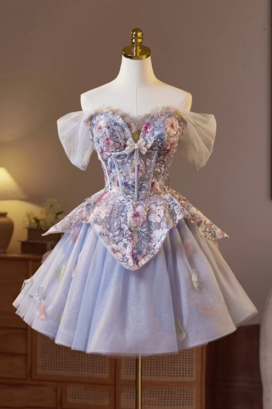 Beautiful Light Purple Tulle Floral Sweetheart Neck A-Line Short Prom Dress Evening Party Dress