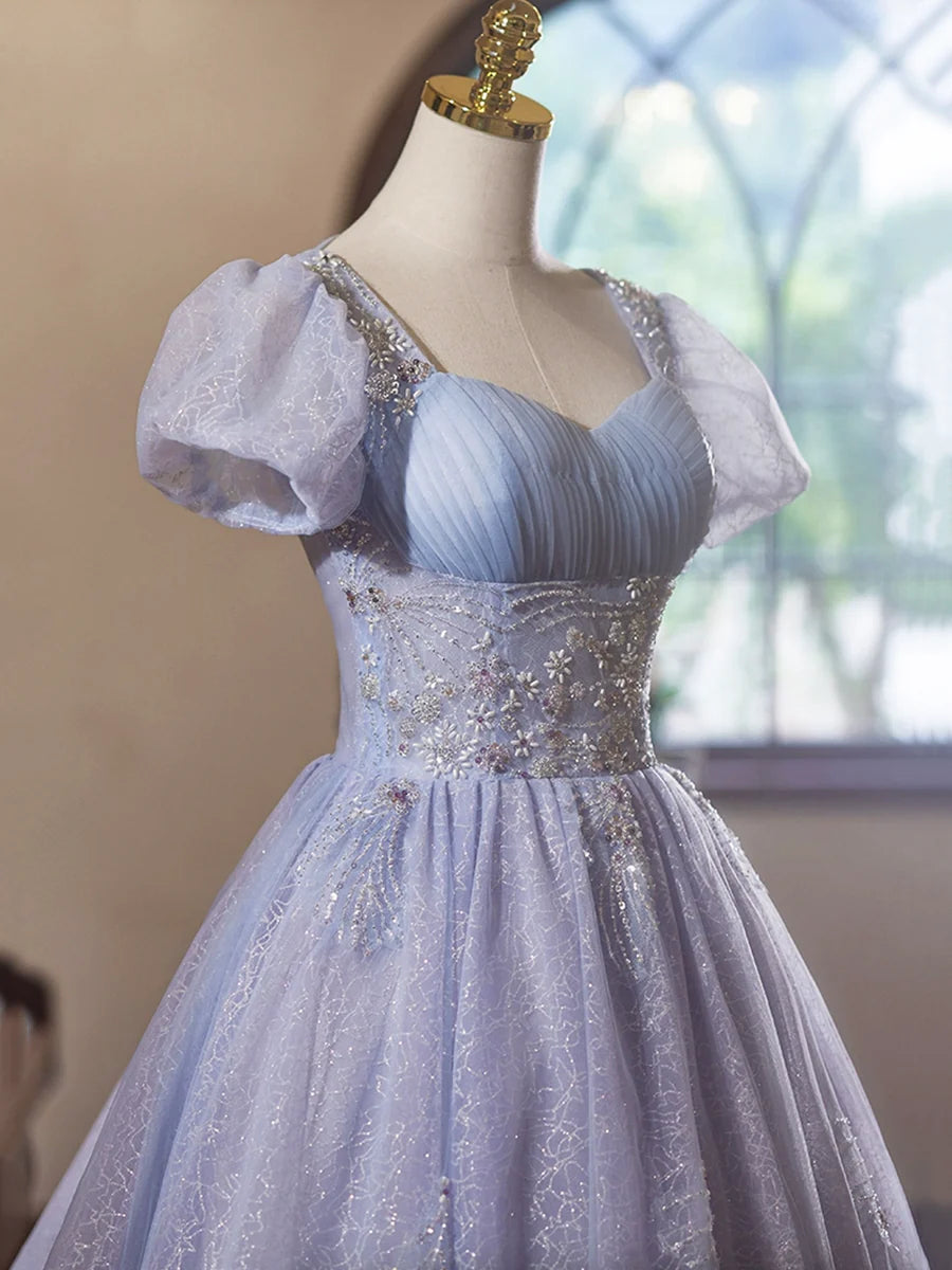 Beautiful Light Purple Tulle Sequins Short Sleeves Knee Length Party Dress Homecoming Dress