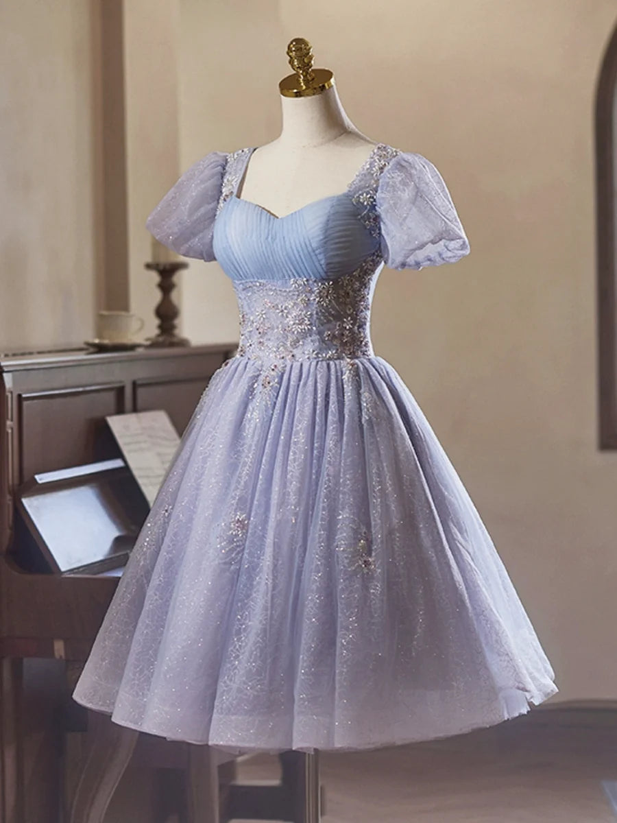 Beautiful Light Purple Tulle Sequins Short Sleeves Knee Length Party Dress Homecoming Dress