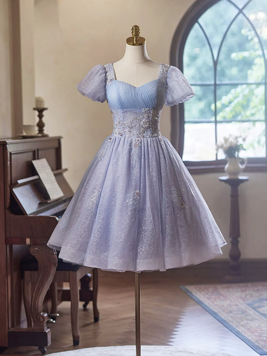 Beautiful Light Purple Tulle Sequins Short Sleeves Knee Length Party Dress Homecoming Dress