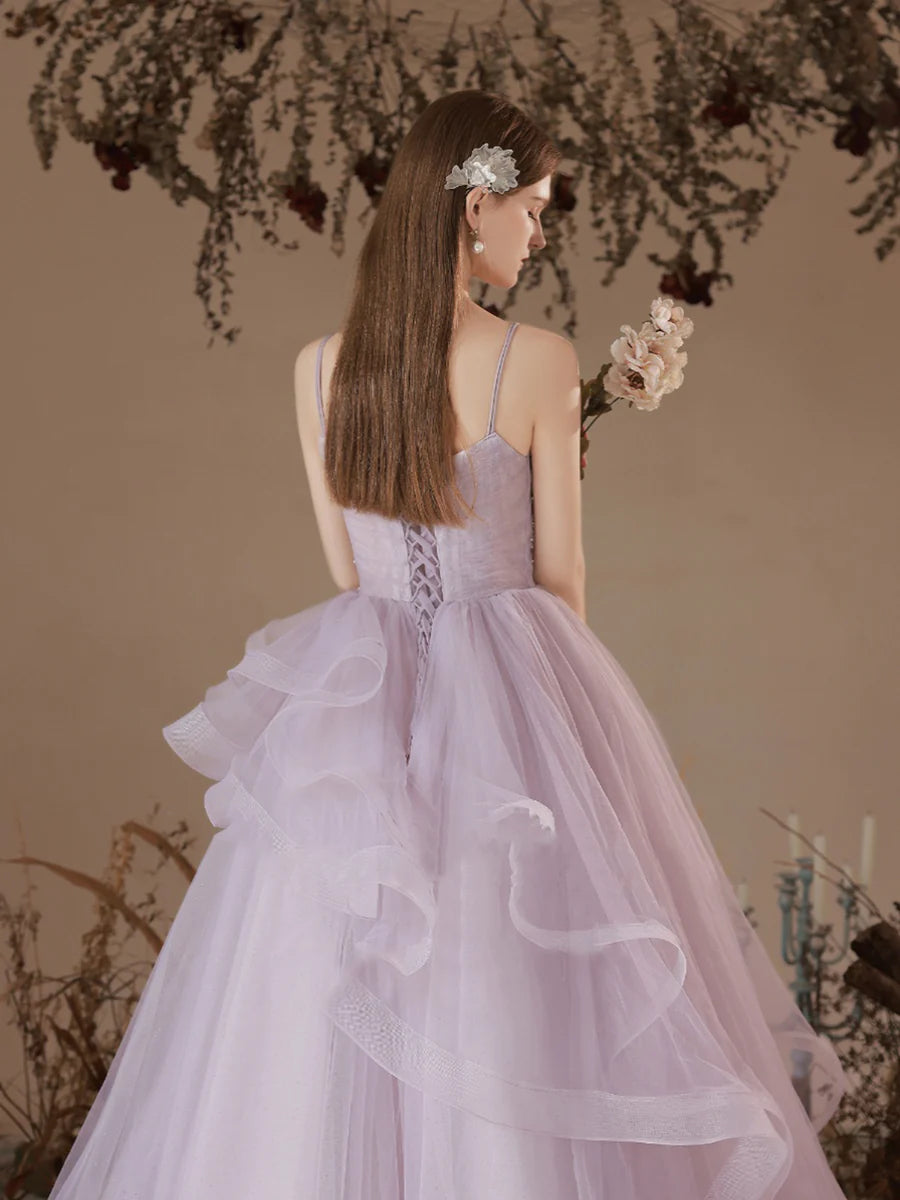 Beautiful Light Purple Tulle With Beaded Long Prom Dress A-Line Straps Formal Evening Dress Discount Long Party Dress