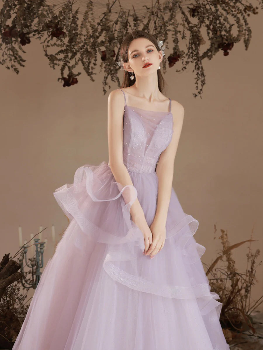 Beautiful Light Purple Tulle With Beaded Long Prom Dress A-Line Straps Formal Evening Dress Discount Long Party Dress