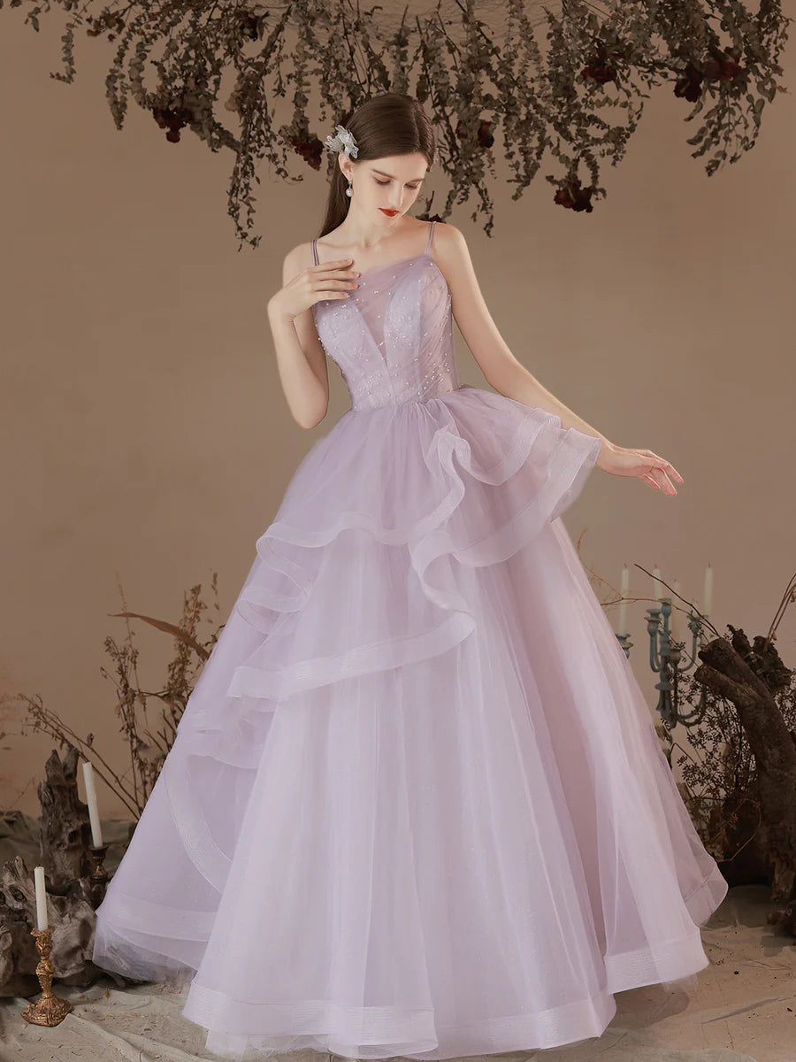 Beautiful Light Purple Tulle With Beaded Long Prom Dress A-Line Straps Formal Evening Dress Discount Long Party Dress